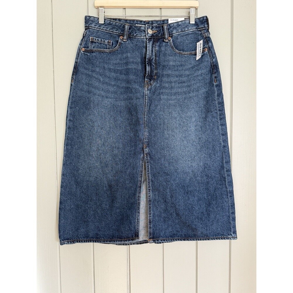 NWT Old Navy Denim Skirt Size 12 Zip Fly High Rise Secret Slim Pockets Midi New